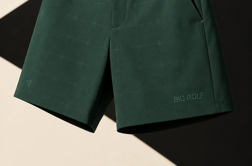 Detail of shorts hem and restrained embroidered mark