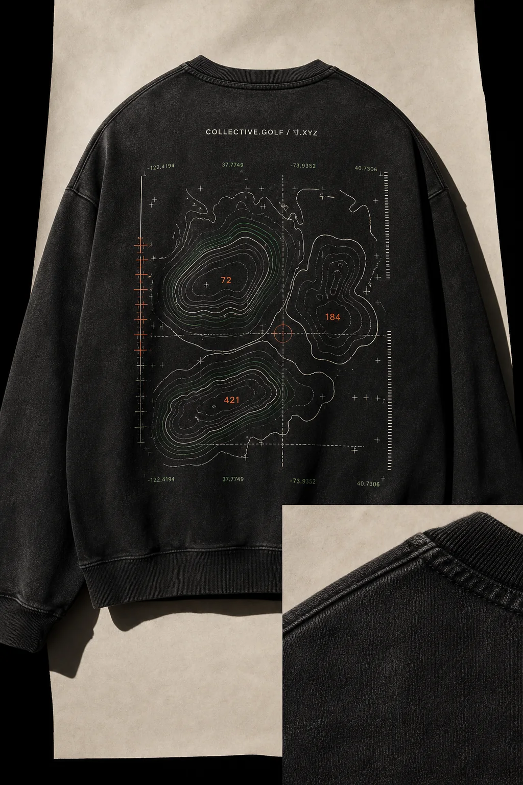 Washed black BIG GOLF crewneck with course contour back graphic