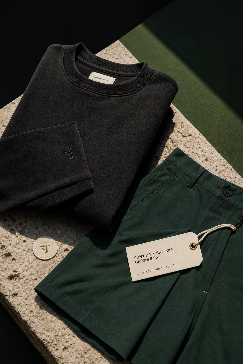 Puny Ha and BIG GOLF capsule apparel arranged on stone